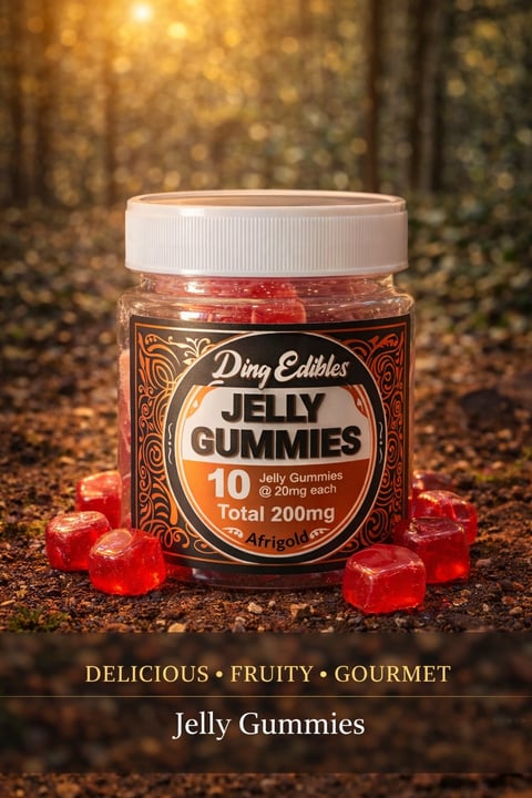 Jar of Ding Edibles Jelly Gummies with 10 gummies totaling 200mg, surrounded by red gummy candies on a sparkly background