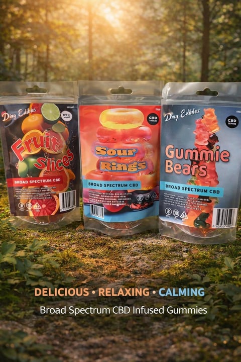 Three Day Edibles CBD gummy products displayed outdoors: Exotic Slices, Sour Rings, and Gummy Bears with forest background