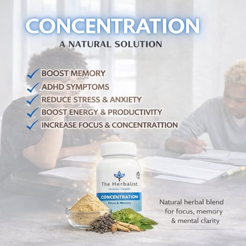 Concentration supplement product advertisement showing benefits including memory boost, ADHD symptom relief, and stress reduction with herbal ingredients