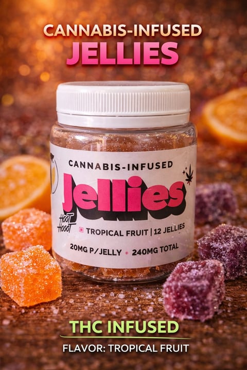 Cannabis-infused jellies product jar labeled tropical fruit flavor with 20mg THC per jelly, 240mg total, surrounded by gummy candies