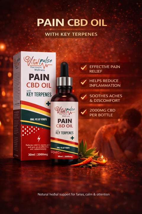 Vital Pulse Pain CBD Oil bottle and box with key terpenes on fiery background highlighting benefits and 2000mg CBD content