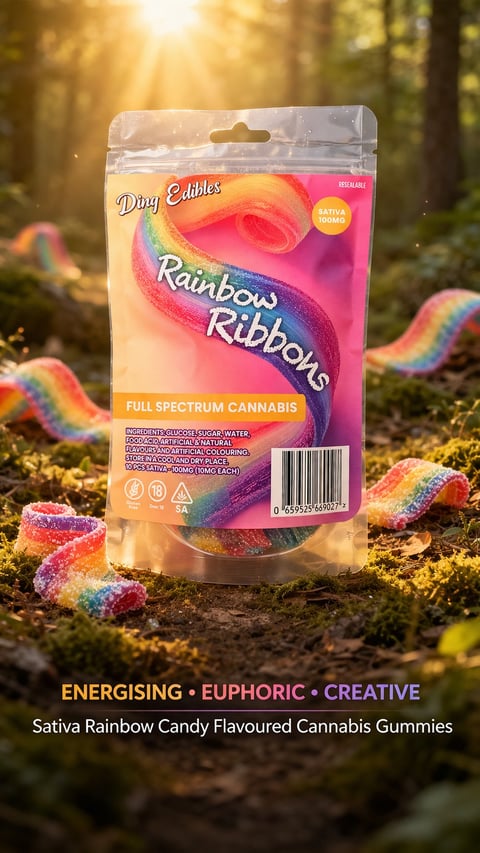 Package of Dorg Edibles Rainbow Ribbons full spectrum cannabis gummies on forest floor with candy displayed