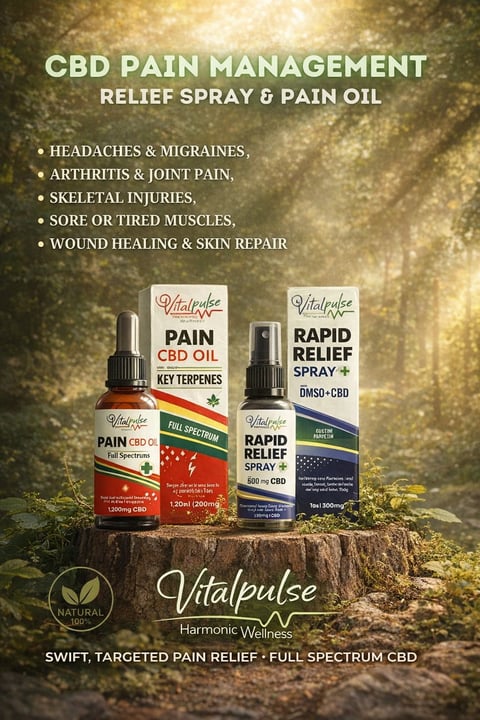 Vitalpulse CBD pain management products displayed on tree stump, featuring pain oil and rapid relief spray bottles against golden bokeh background
