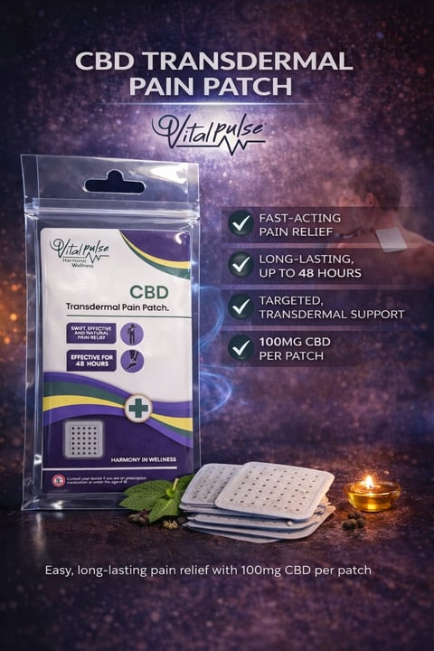 VitalPulse CBD Transdermal Pain Patch packaging showing 100mg CBD per patch with fast-acting and long-lasting pain relief benefits