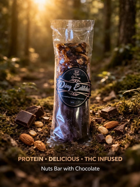 THC-infused chocolate nuts bar in clear packaging with black label, displayed on forest ground with almonds