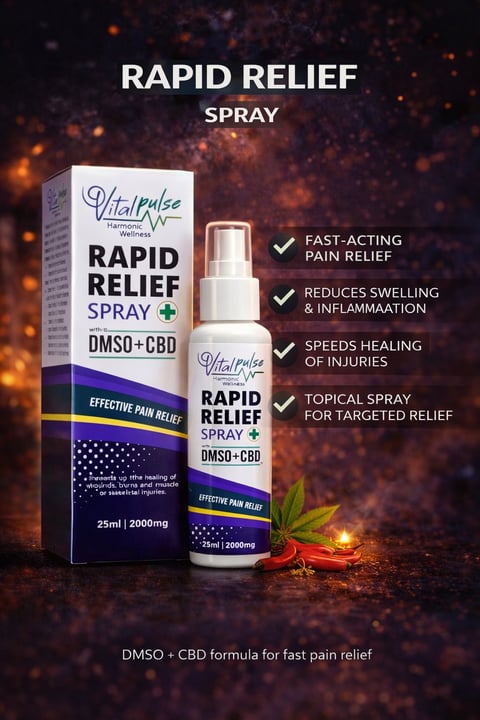 Vital Pulse Rapid Relief Spray product display with bottle and box containing DMSO and CBD for fast-acting pain relief on dark background