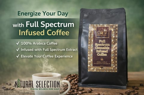Full Spectrum Infused Coffee product package with 100% Arabica beans and checkmarks highlighting key benefits against a green background