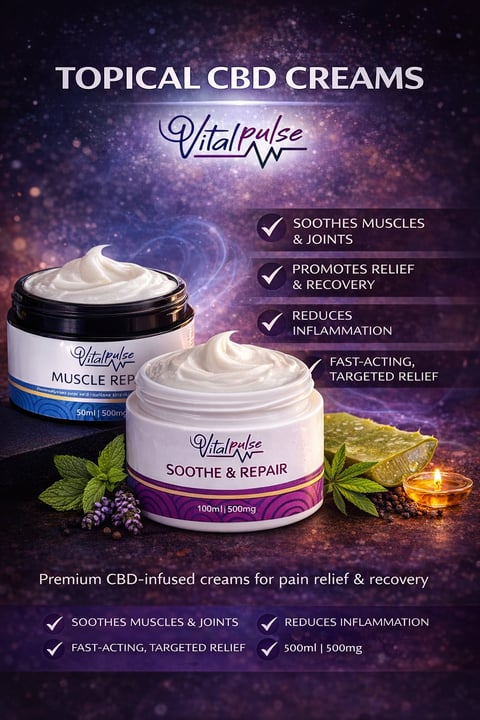 Two white CBD cream jars with VitalPulse branding displayed with benefits listed and purple mystical background with botanical elements