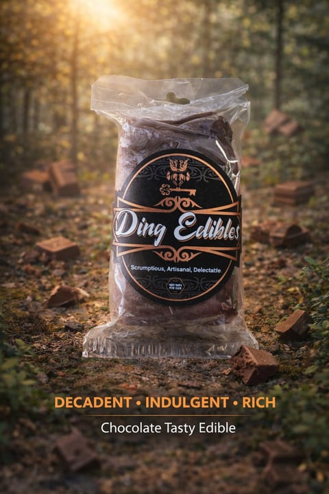 Package of Ding Edibles chocolate tasty edible in forest setting with text describing it as decadent, indulgent, and rich