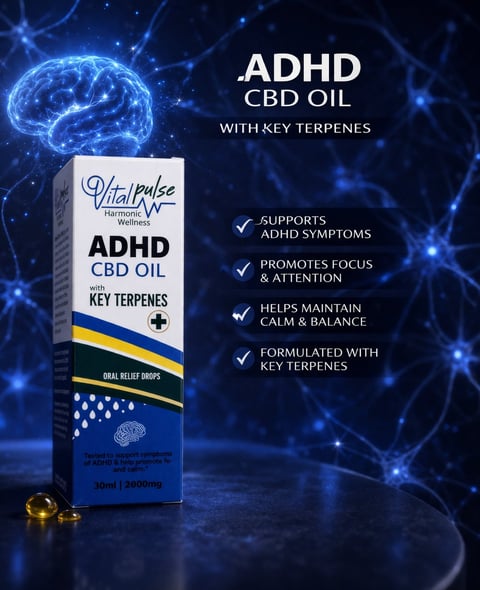 VitalPulse ADHD CBD oil bottle with key terpenes displayed against blue brain network background with benefits listed