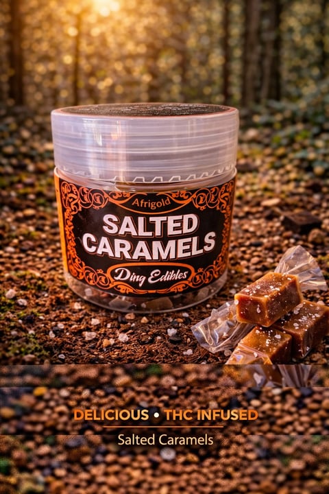 THC-infused salted caramels product container with individual wrapped candies displayed on forest ground background