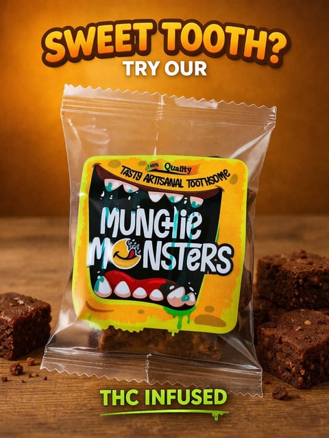 Product advertisement for Munchy Monsters THC-infused edible with yellow label inside clear packaging, surrounded by brownie pieces on wooden surface