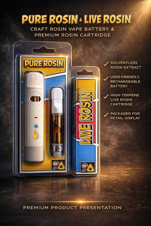 Pure Rosin and Live Rosin vape battery and cartridge product packaging displayed against a golden smoky background with feature callouts.