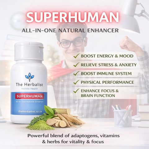 Superhuman natural enhancer supplement bottle with product benefits listed including energy boost, stress relief, and immune support