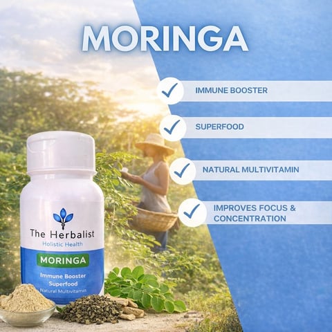 Moringa supplement bottle by The Herbalist with benefits listed: immune booster, superfood, natural multivitamin, improves focus and concentration