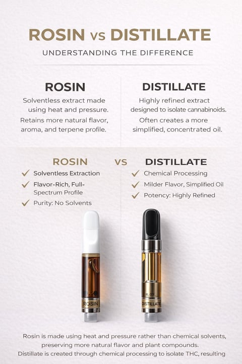 Infographic comparing rosin vs distillate, showing extraction methods, characteristics, and visual examples of each cannabis concentrate type.