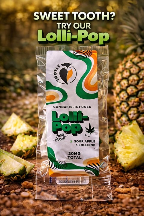 Cannabis-infused sour apple lollipop package with green and orange branding, 20mg total, surrounded by pineapple imagery