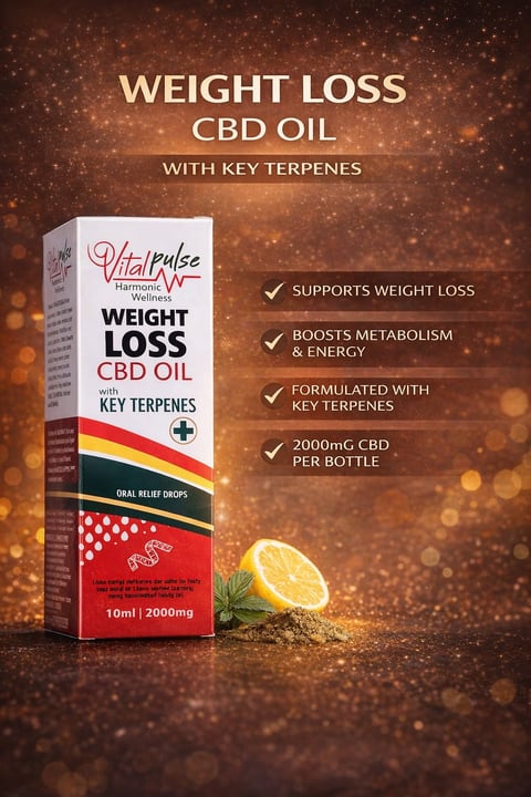 Vitalpulse Weight Loss CBD Oil bottle with key terpenes on a golden bokeh background, featuring benefits list and 2000mg CBD dosage