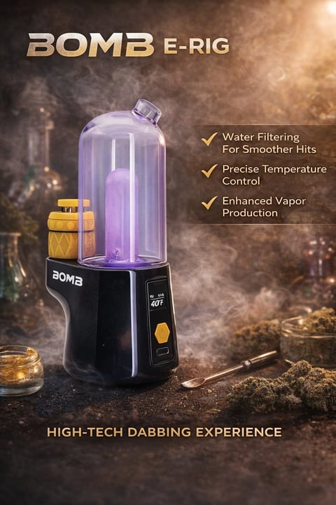 BOMB E-RIG vaporizer with purple chamber, yellow components, and steam, featuring water filtering and temperature control technology