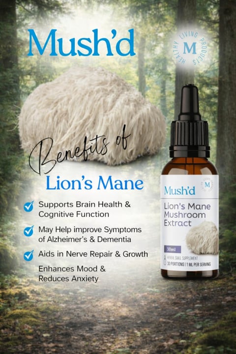 Mushd Lions Mane mushroom extract bottle with forest background showing health benefits including brain health support and Alzheimers symptom relief