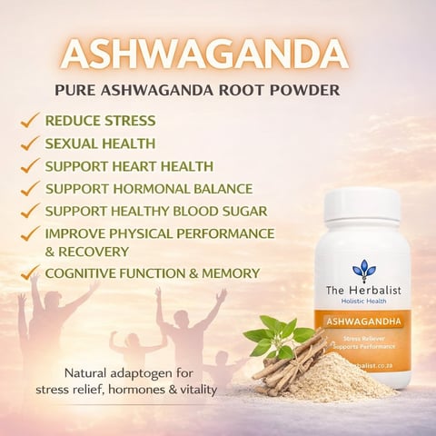 Ashwaganda root powder supplement bottle by The Herbalist showing benefits including stress relief, sexual health, and heart health support