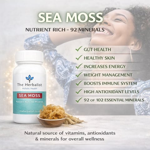 Sea moss supplement product advertisement showing bottle, benefits list, and image of person consuming sea moss with 92 minerals
