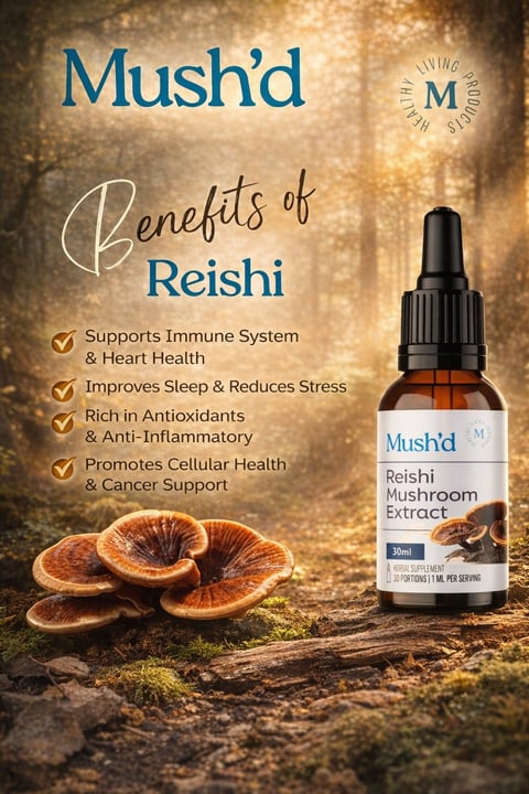 Mushd Reishi mushroom extract bottle displaying health benefits including immune system support, stress relief, and antioxidants.