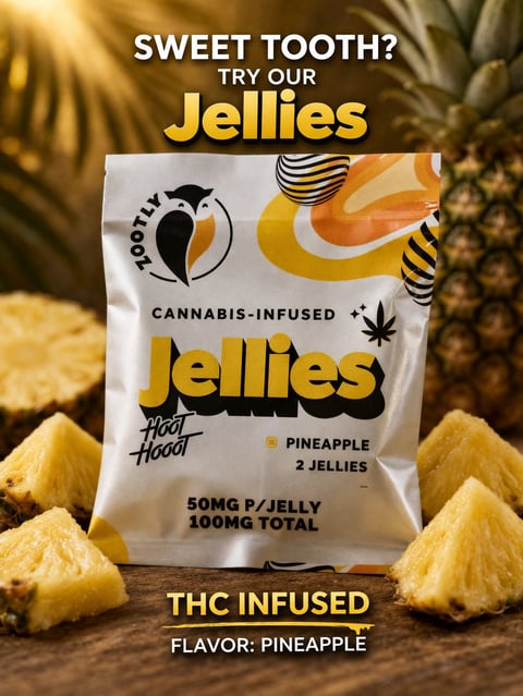 Package of cannabis-infused pineapple jellies surrounded by fresh pineapple chunks, showing 2 jellies at 50mg THC each, 100mg total