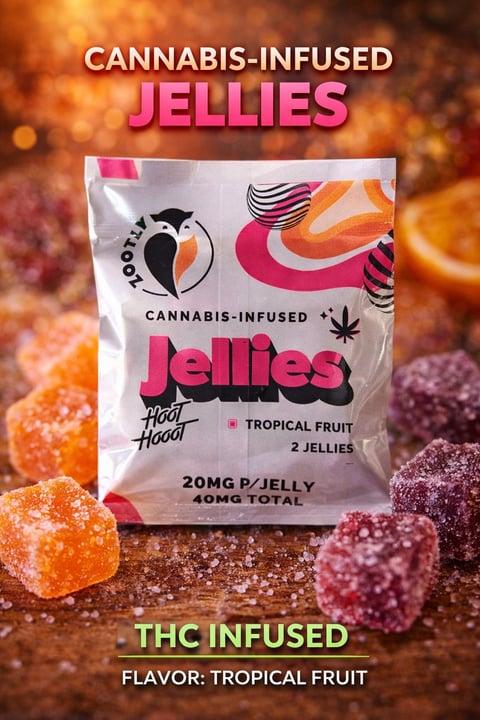 Product shot of cannabis-infused tropical fruit jellies package surrounded by colorful gummy candies on a textured surface