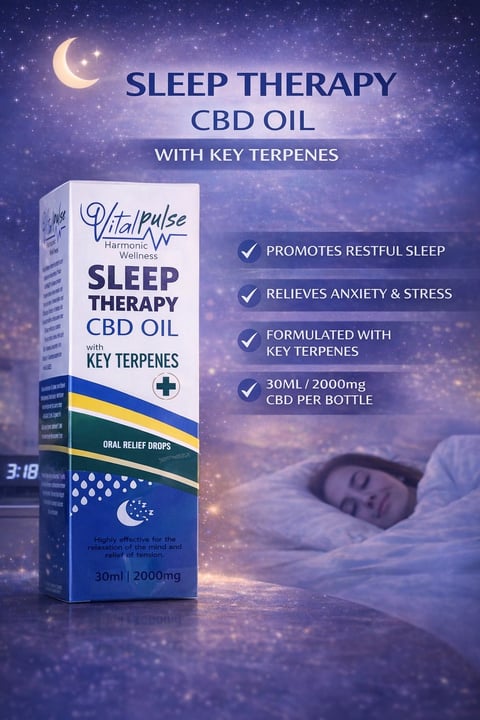 VitalPulse Sleep Therapy CBD Oil 30ml bottle with key terpenes, promoting restful sleep and stress relief against starry night background