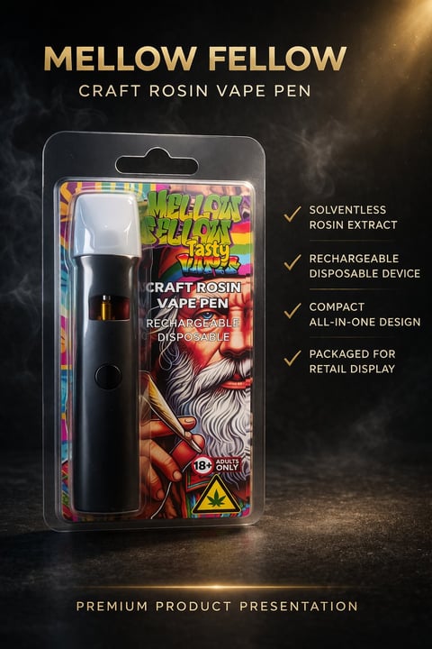 Mellow Fellow craft rosin vape pen product packaging with black device displayed in clear packaging against smoky background