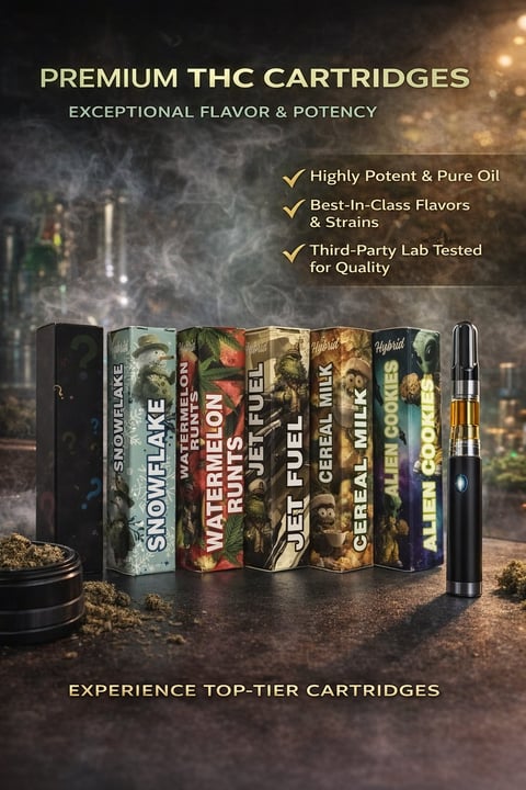 Premium THC cartridges display with various flavored vape cartridges lined up, featuring quality certifications and potency highlights.