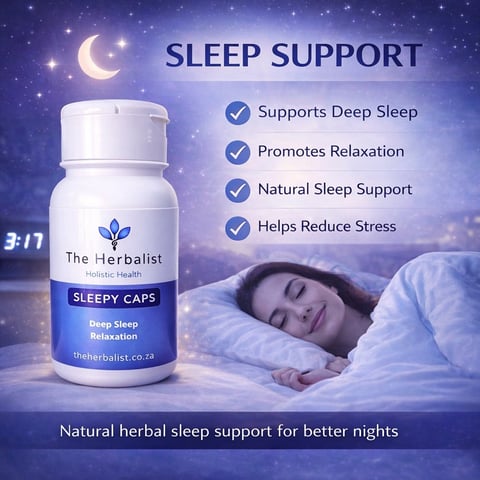 The Herbalist Sleepy Caps bottle with sleep support benefits displayed against a nighttime background featuring a sleeping person and moon