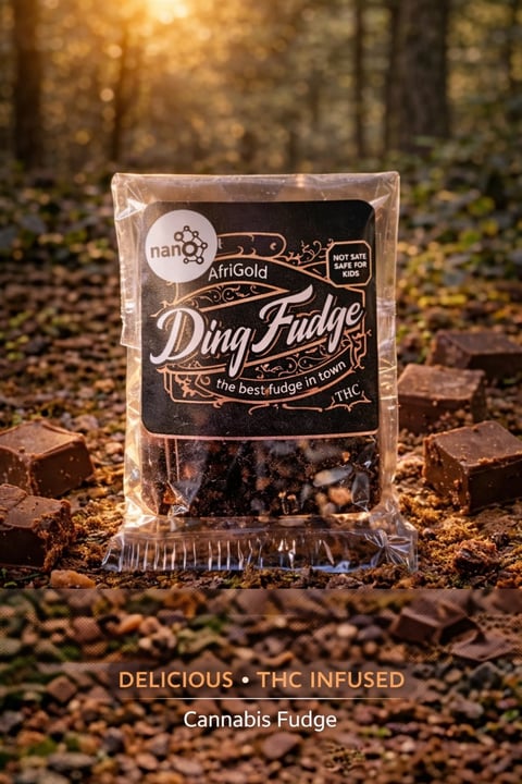 AfriGold Ding Fudge cannabis-infused fudge package on forest ground with chocolate pieces scattered around