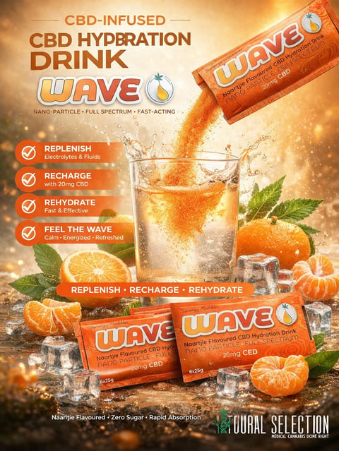 CBD-infused Wave hydration drink advertisement featuring orange-flavored beverage pouring into glass with ice, mint, and fruit, highlighting nano-particle full spectrum fast-acting formula