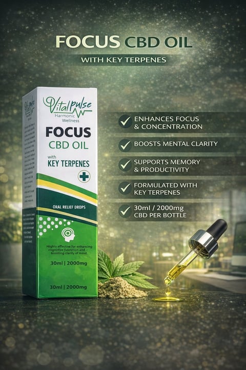 VitalPulse Focus CBD Oil product packaging with dropper bottle, highlighting benefits for focus, clarity, and memory support with key terpenes formula