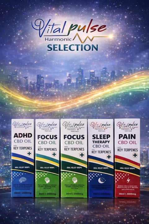 Vital Pulse Harmonic Selection product lineup displaying five CBD oil bottles for ADHD, Focus, Sleep, and Pain relief against a starry cityscape background