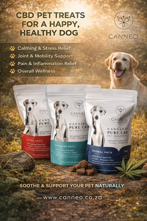 CBD pet treats advertisement showing three product packages with a golden Labrador dog and hemp leaf on golden background