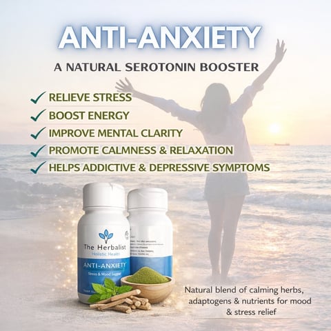 Anti-Anxiety supplement product showing two bottles with herbs, a silhouetted woman with arms raised toward ocean sunset, and benefits listed including stress relief and mental clarity
