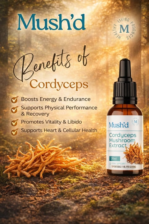 Mushd Cordyceps mushroom extract bottle with benefits listed: boosts energy, supports performance, promotes vitality, and supports heart health