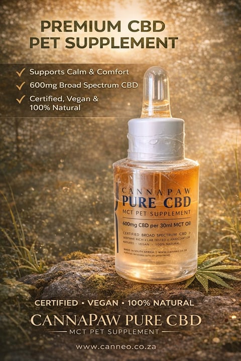 Premium CBD pet supplement bottle by CannaPaw with 600mg broad spectrum CBD, displayed on natural background with product benefits listed.