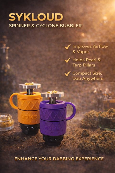 Sykloud spinner and cyclone bubbler in orange and purple with gold accents on textured background, featuring product benefits.