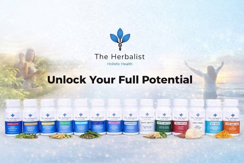 The Herbalist product lineup displaying various supplement bottles with blue, green, and orange labels arranged in a row with natural ingredients, featuring the tagline Unlock Your Full Potential