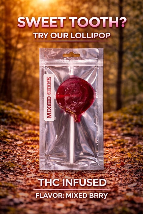 THC-infused red lollipop in clear packaging labeled Mixed Berries against autumn forest background with promotional text