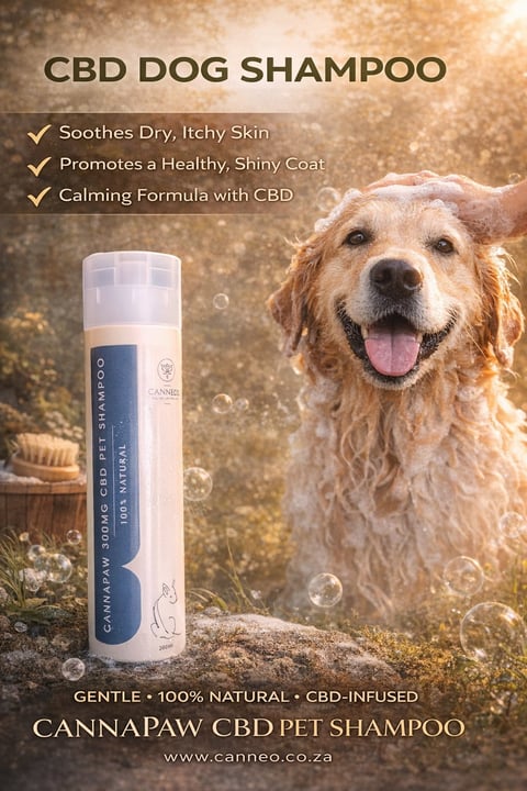 CBD dog shampoo bottle with happy golden retriever, advertising natural calming formula for dry itchy skin