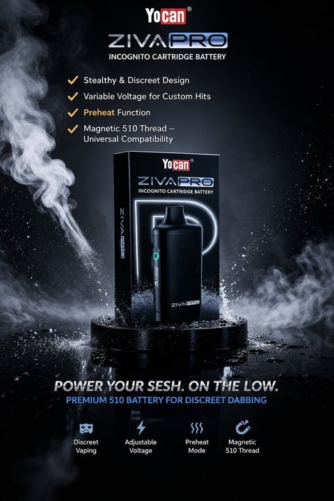 Yocan Ziva Pro incognito cartridge battery displayed with vapor effects and product features listed on black background